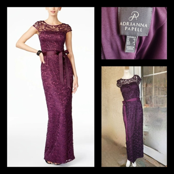 Adrianna‎ Papell Cap Sleeve Illusion Lace Gown